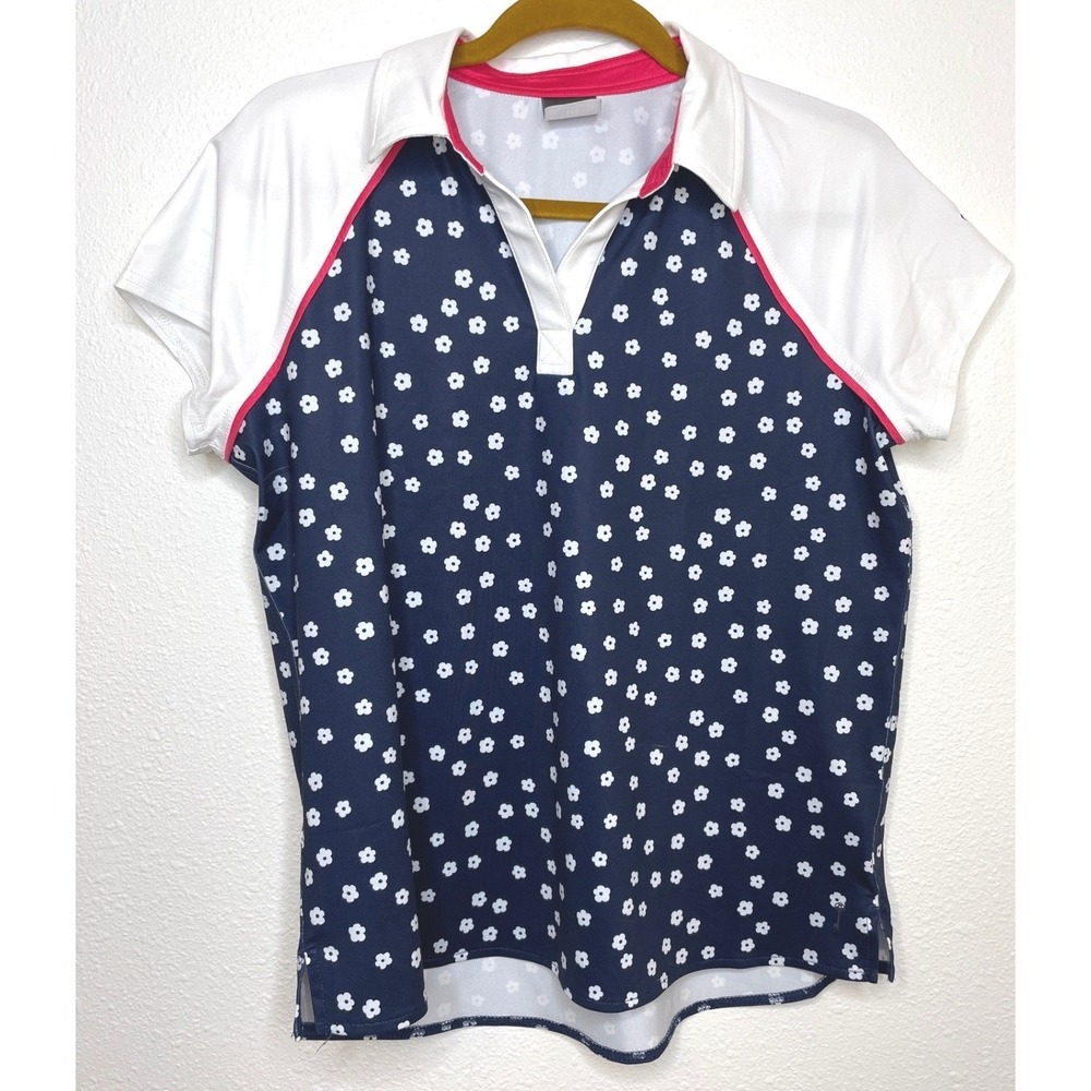 Belyn Key Women Golf Performance Polo Shirt Floral Top Large Navy Blue